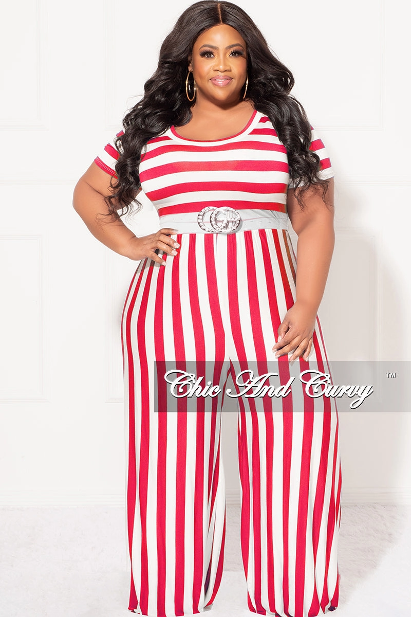Final Sale Plus Size Short Sleeve Jumpsuit in Coral and White Stripes Comfortable Stretch Fit Control