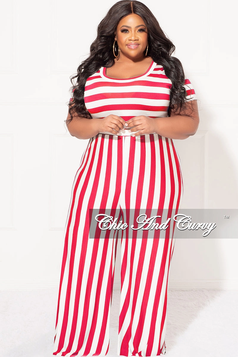 Core Stretch Final Sale Plus Size Short Sleeve Jumpsuit in Coral and White Stripes
