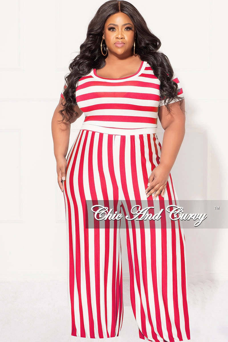 Sweat Wicking Liner Final Sale Plus Size Short Sleeve Jumpsuit in Coral and White Stripes