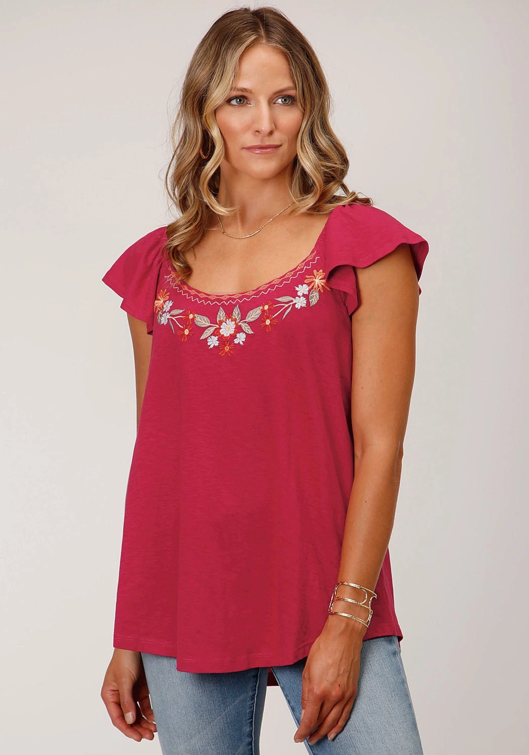 Travel Friendly Minimalist Closure Roper Womens Floral Gathers Raspberry 100% Cotton S/S Tunic