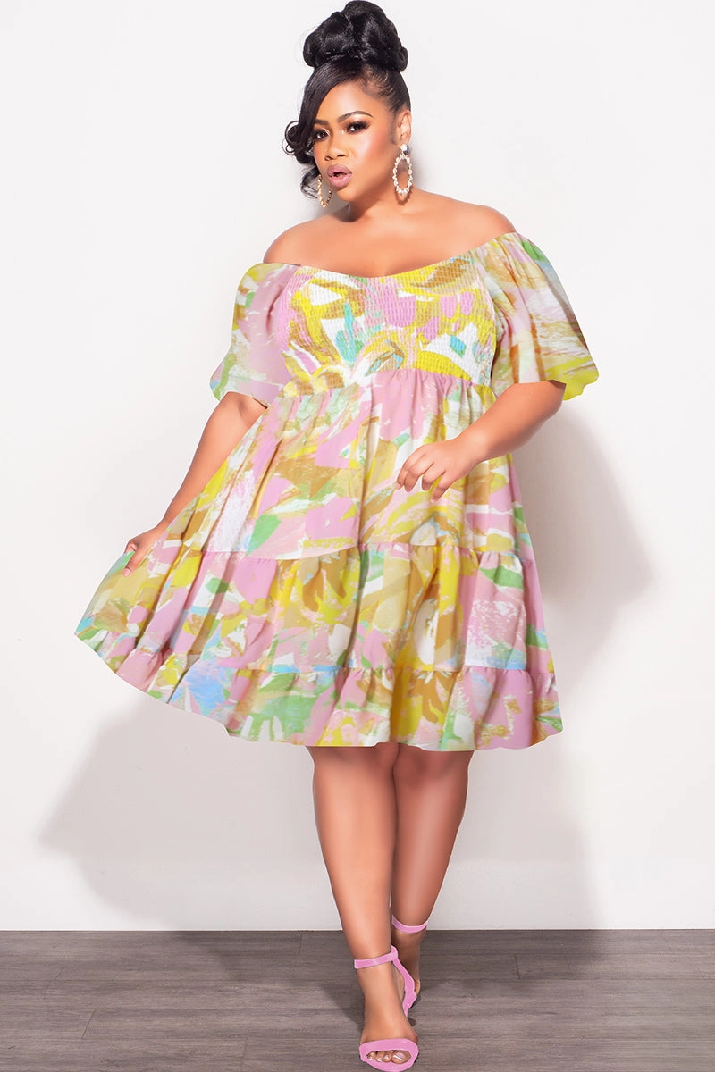 Flexibility Built-In Stain Resistant Weave Final Sale Plus Size Smocked Chiffon Baby Doll Dress in Pink & Yellow Print