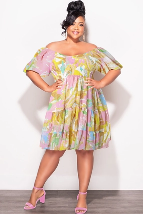 Functional fashion wear Light support Final Sale Plus Size Smocked Chiffon Baby Doll Dress in Pink & Yellow Print