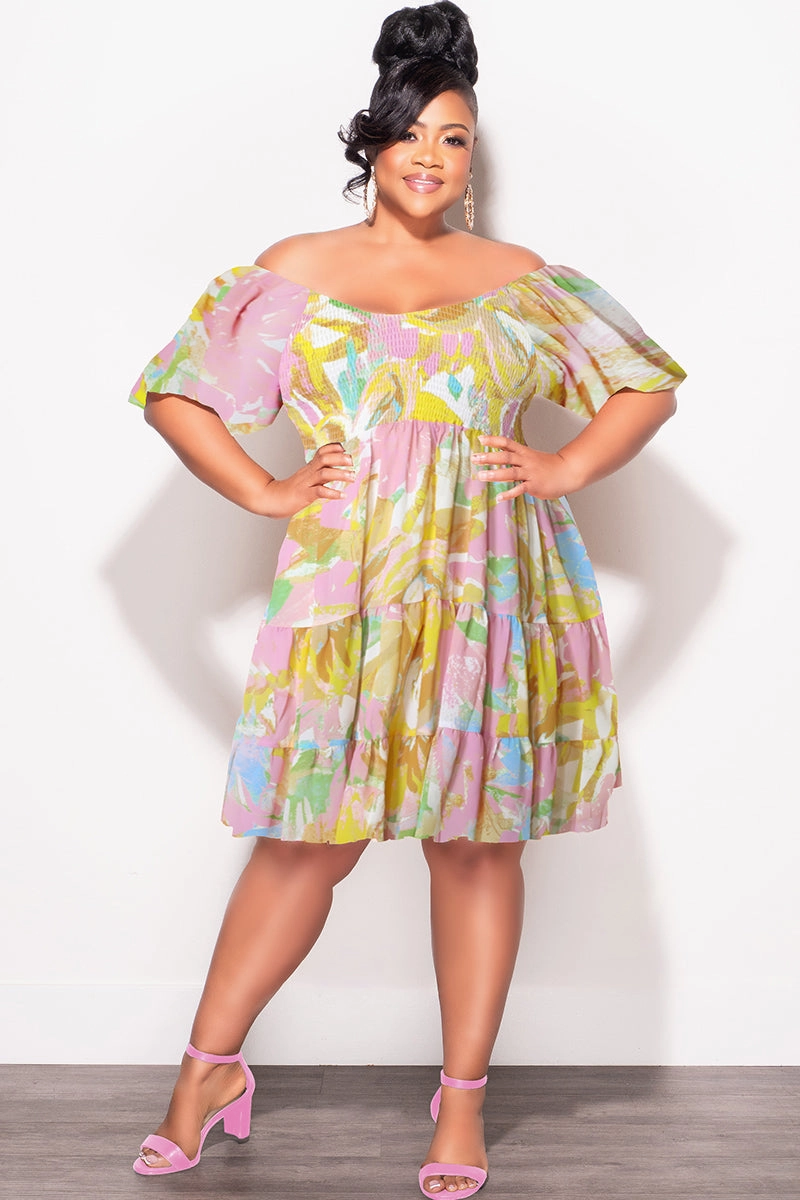 Final Sale Plus Size Smocked Chiffon Baby Doll Dress in Pink & Yellow Print Perfectly Relaxed