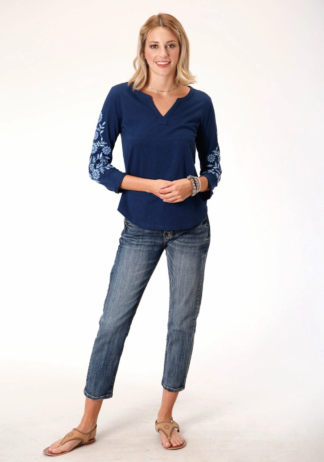 Soft Touch Fabric Roper Womens Blue 100% Cotton Floral Crewel S/S Tunic