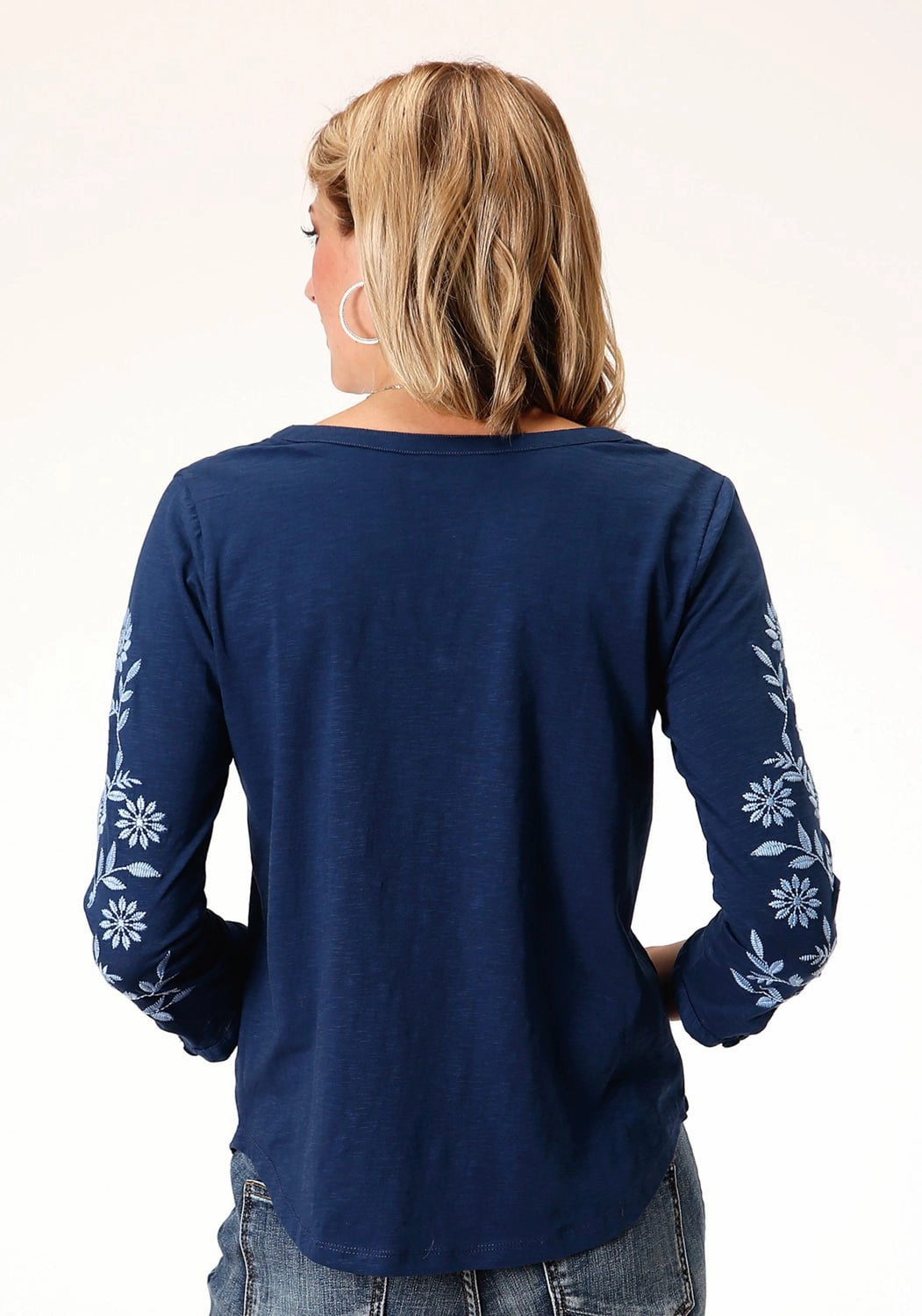 crew neck Roper Womens Blue 100% Cotton Floral Crewel S/S Tunic