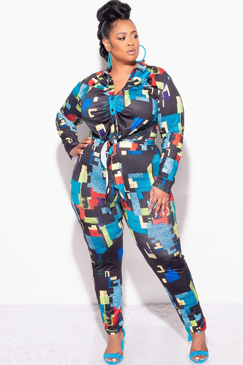 Warm Layer Final Sale Plus Size 2pc Button Up Collar Top and Pants Set in Black Multi-Color Print