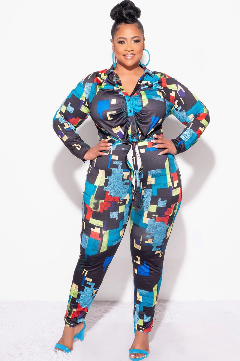 Flex Fit Design Hygienic Inner Layer Final Sale Plus Size 2pc Button Up Collar Top and Pants Set in Black Multi-Color Print