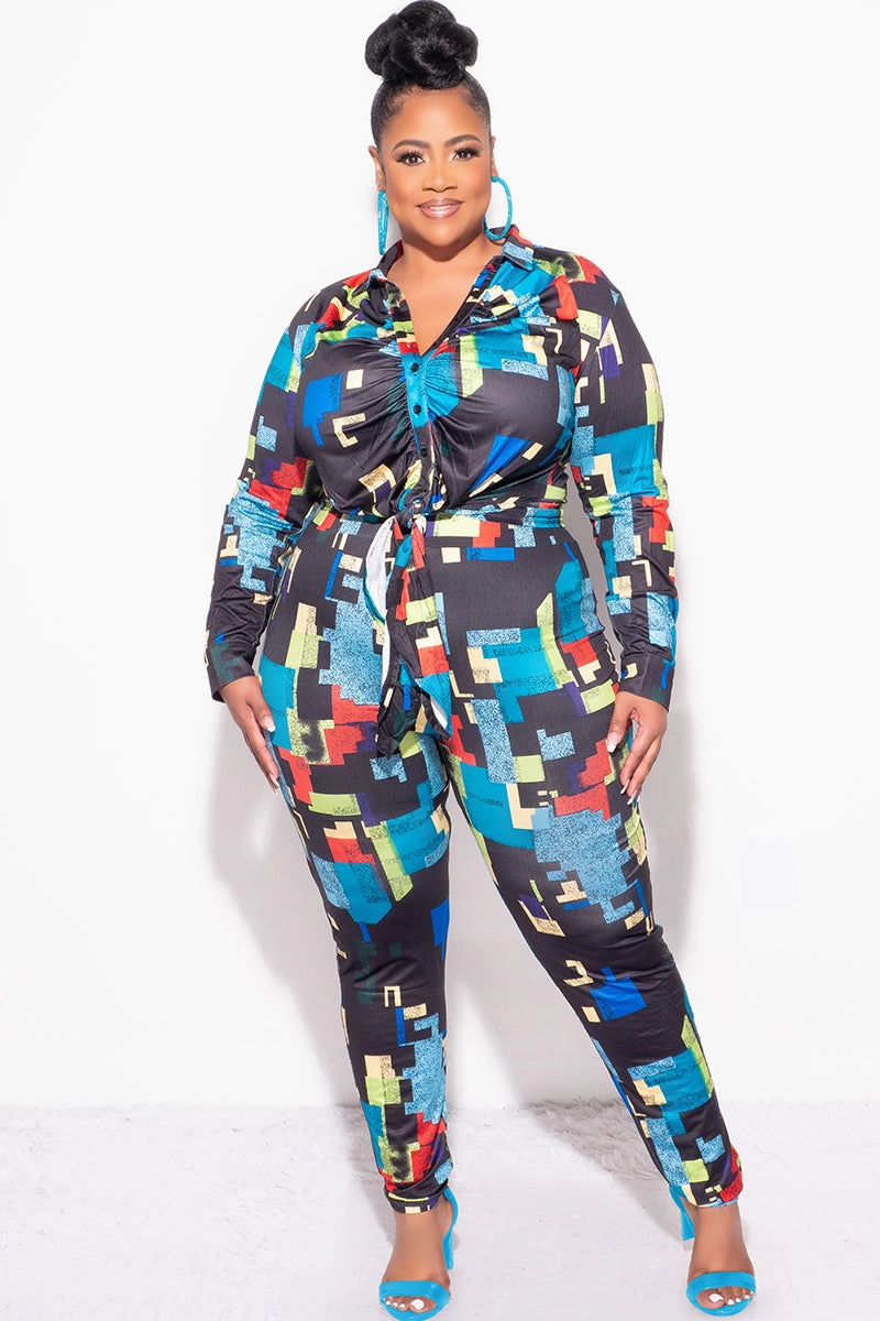 Final Sale Plus Size 2pc Button Up Collar Top and Pants Set in Black Multi-Color Print Anti Static Lining