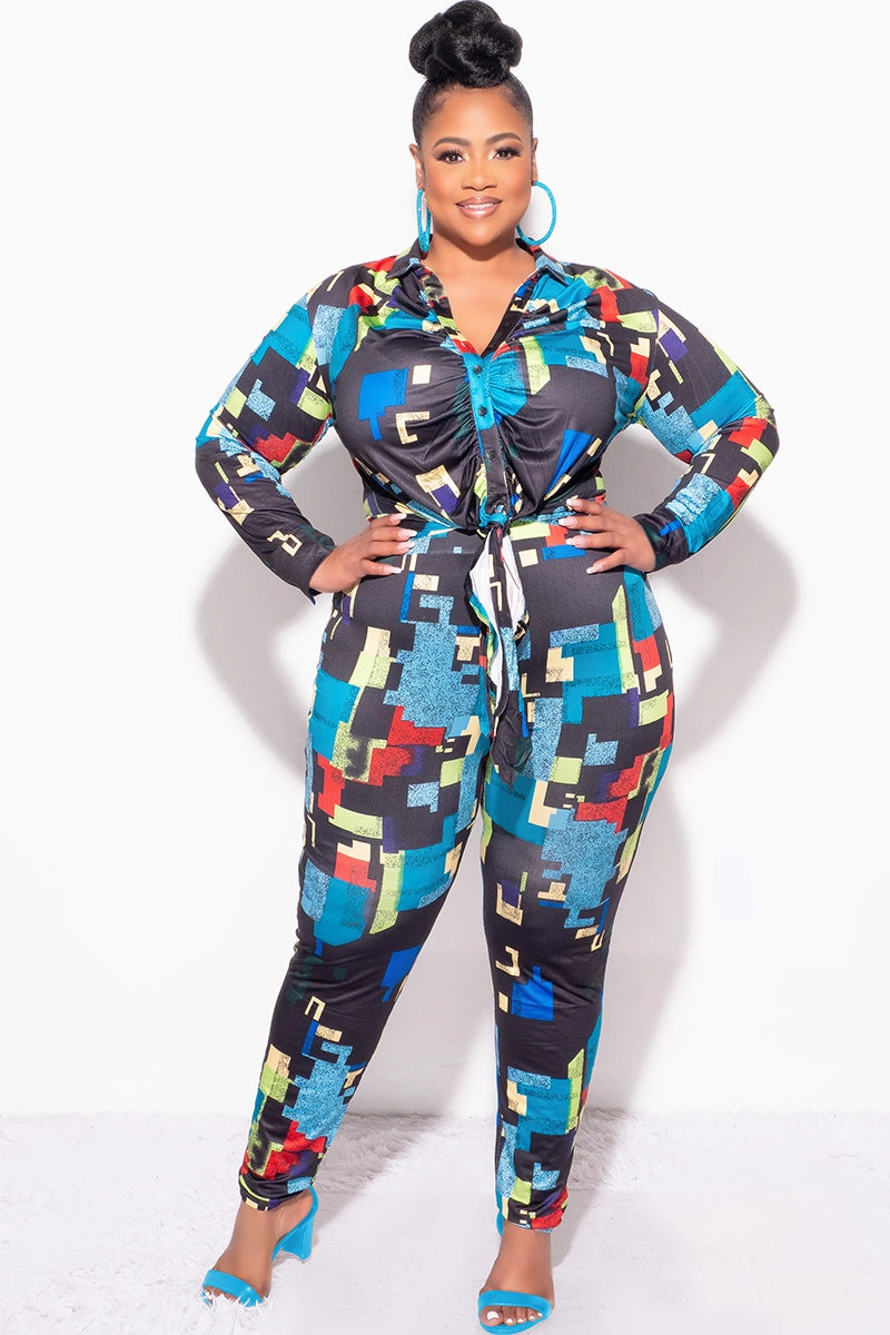 Final Sale Plus Size 2pc Button Up Collar Top and Pants Set in Black Multi-Color Print Trail Comfort Secure Waistband