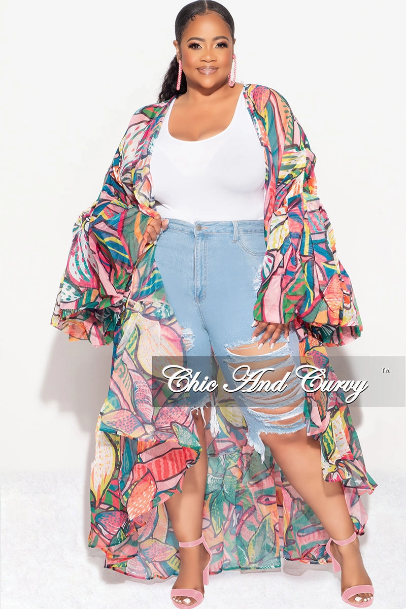 Casual Appeal Casual Comfort Wear Final Sale Plus Size Ruffle Sleeve Kimono Duster in Pink Multi Color