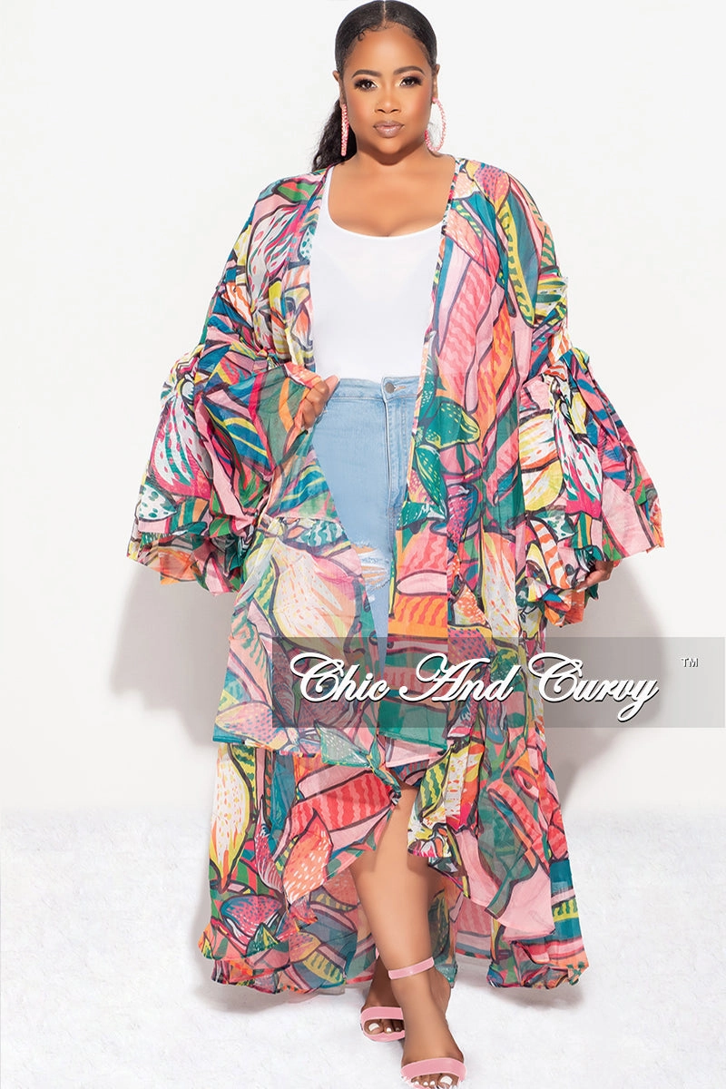 Moisture Lock Technology Modular Attachment Final Sale Plus Size Ruffle Sleeve Kimono Duster in Pink Multi Color