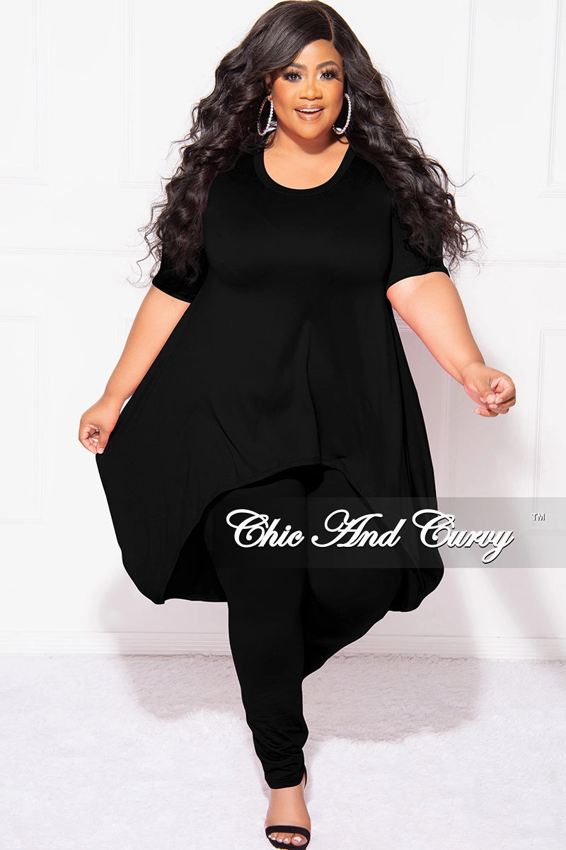 Long Wear Final Sale Plus Size 2pc Short Sleeve High Low Top And Leggings Set In Black