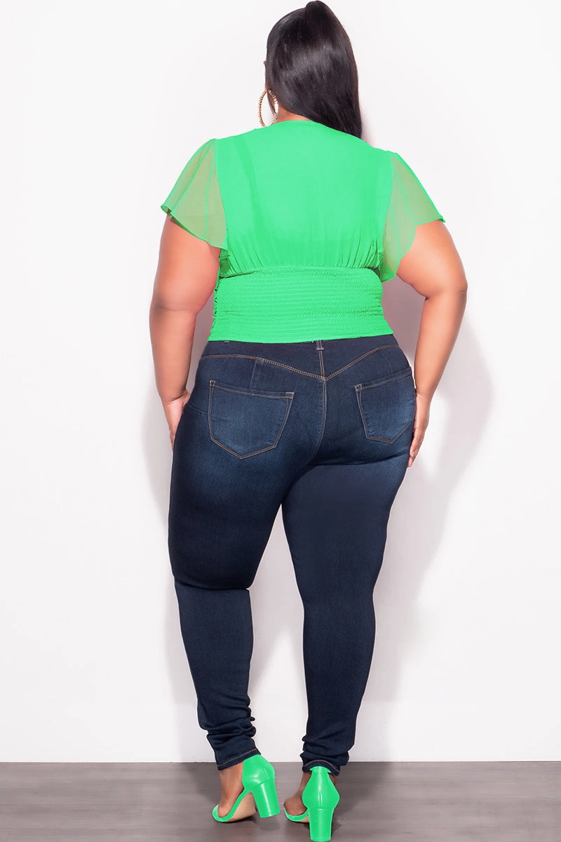 Water Repellent Coating Travel Friendly Final Sale Plus Size Chiffon Ruched Corset Blouse with Flutter Sleeves in Green