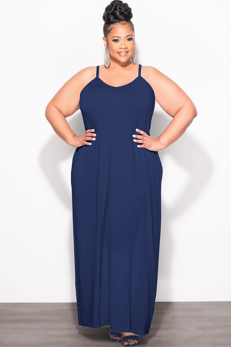 Final Sale Plus Size Spaghetti Strap Maxi Dress in Navy Heat Control Stylish Fit