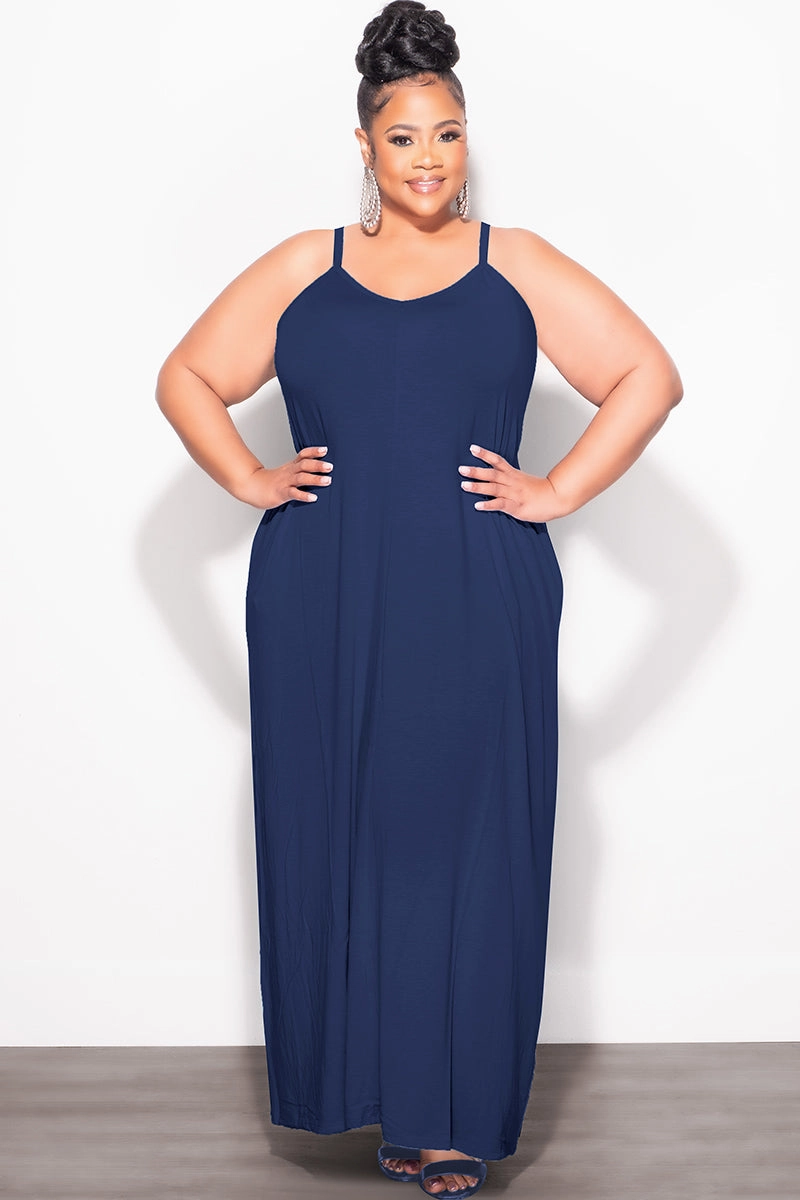 Final Sale Plus Size Spaghetti Strap Maxi Dress in Navy Non Binding Cuffs