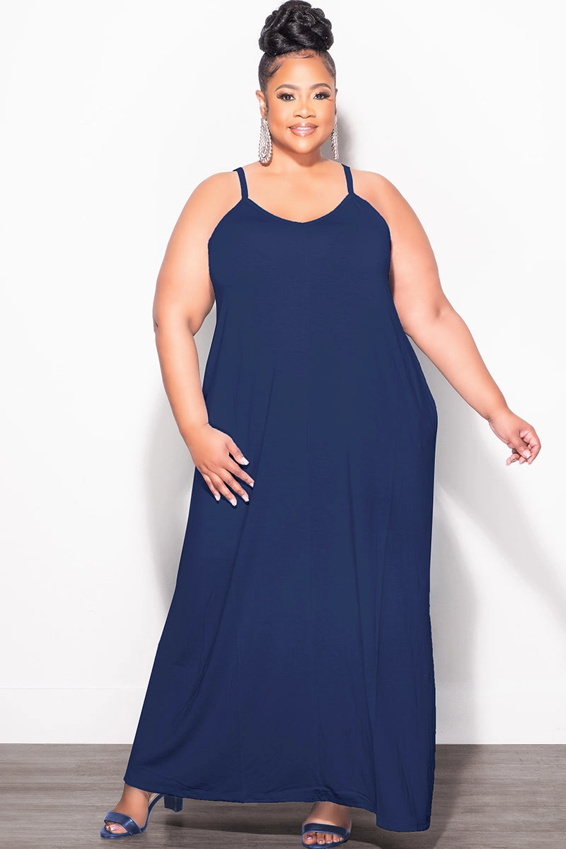 Fade Resistant Dye Final Sale Plus Size Spaghetti Strap Maxi Dress in Navy