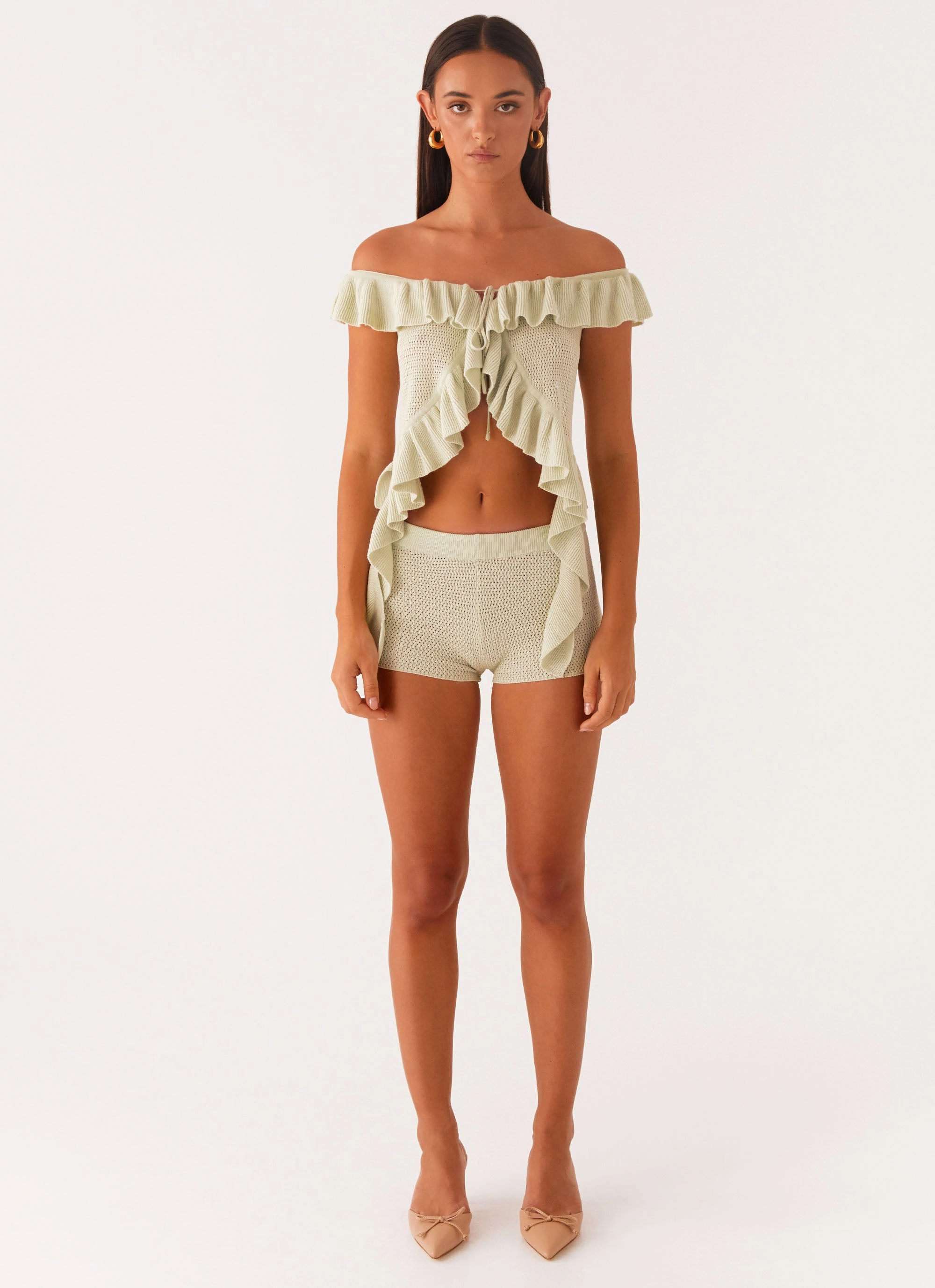 MoistureControl Basic Long Sleeve Bowen Off Shoulder Knit Top - Mint