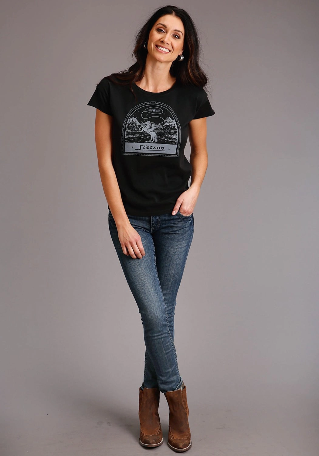 Casual Comfort Stetson Womens Black 100% Cotton Cowboy Lasso S/S T-Shirt