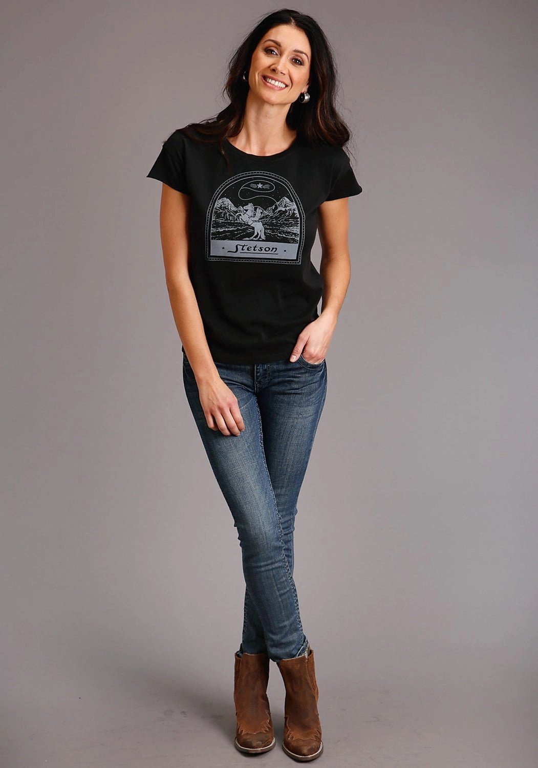 Work From Home Stetson Womens Black 100% Cotton Cowboy Lasso S/S T-Shirt