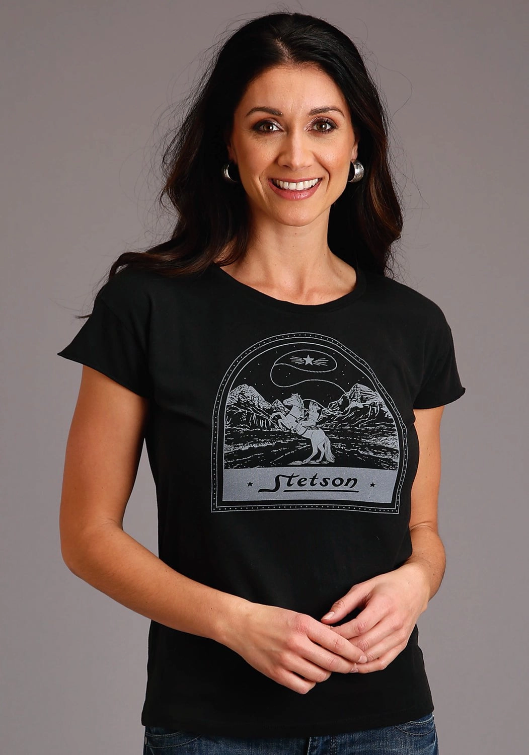 Outdoor Adventure Stetson Womens Black 100% Cotton Cowboy Lasso S/S T-Shirt