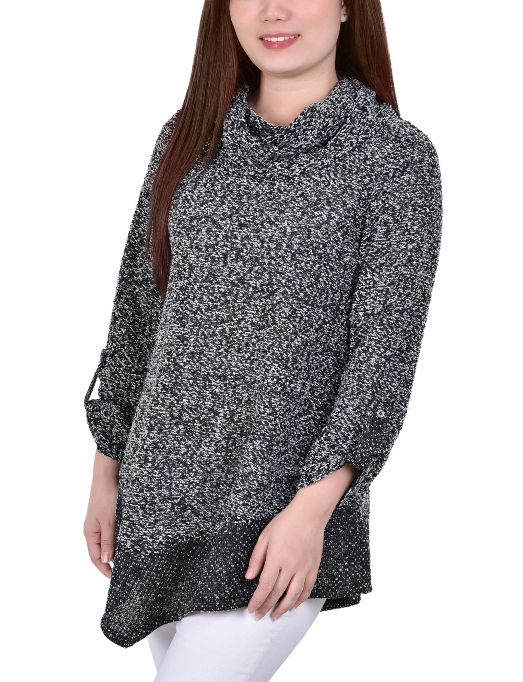 Long Roll Tab Sleeve Nubby Cowl Neck Top Soft Knit