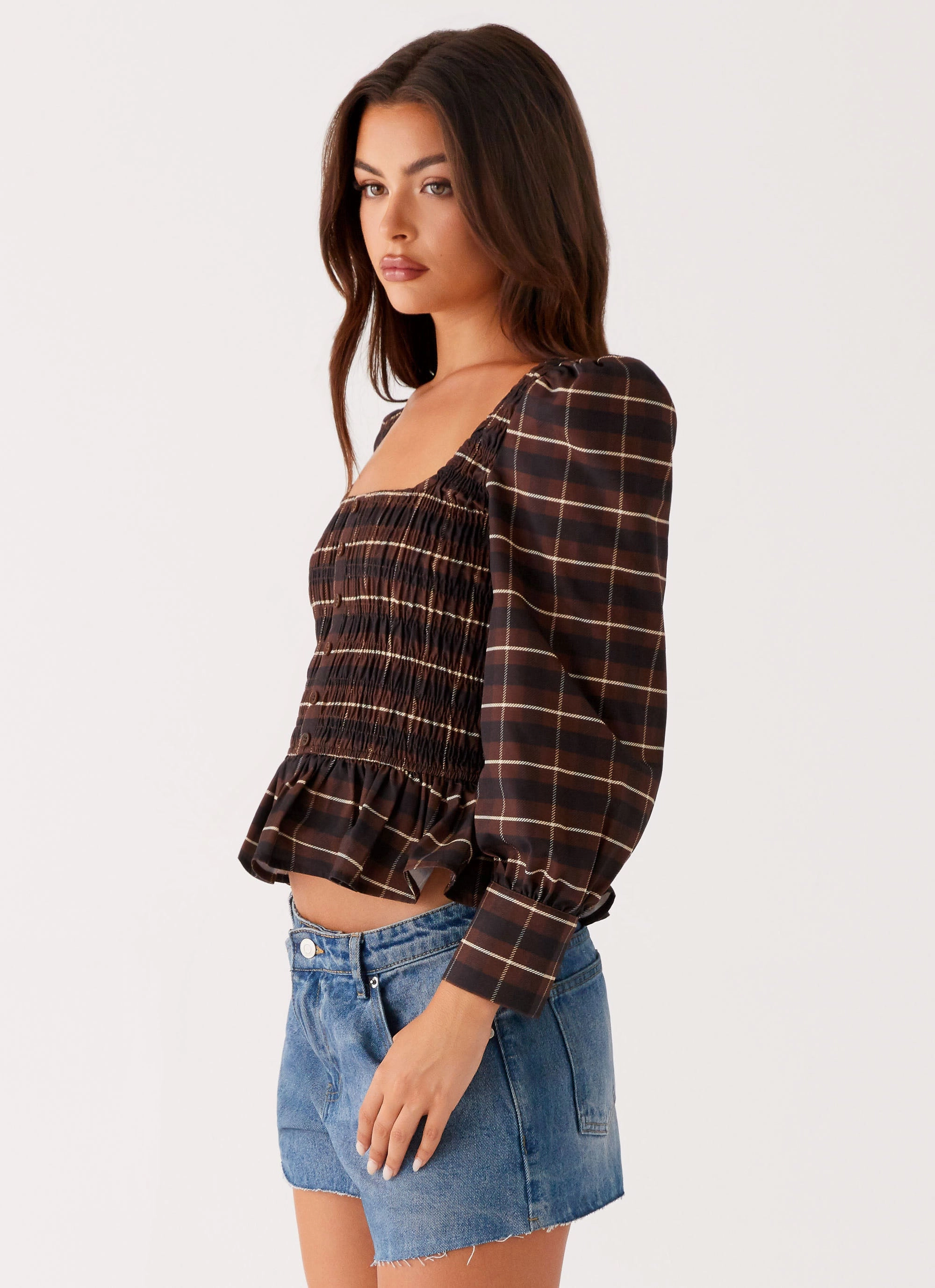 Joyce Long Sleeve Shirred Top - Chocolate Check BreathableMesh