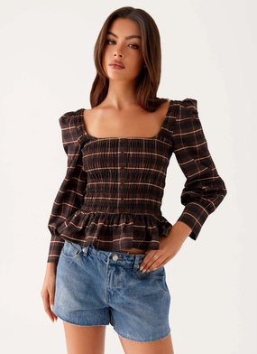 Garment Washed Softness Professional Look Joyce Long Sleeve Shirred Top - Chocolate Check