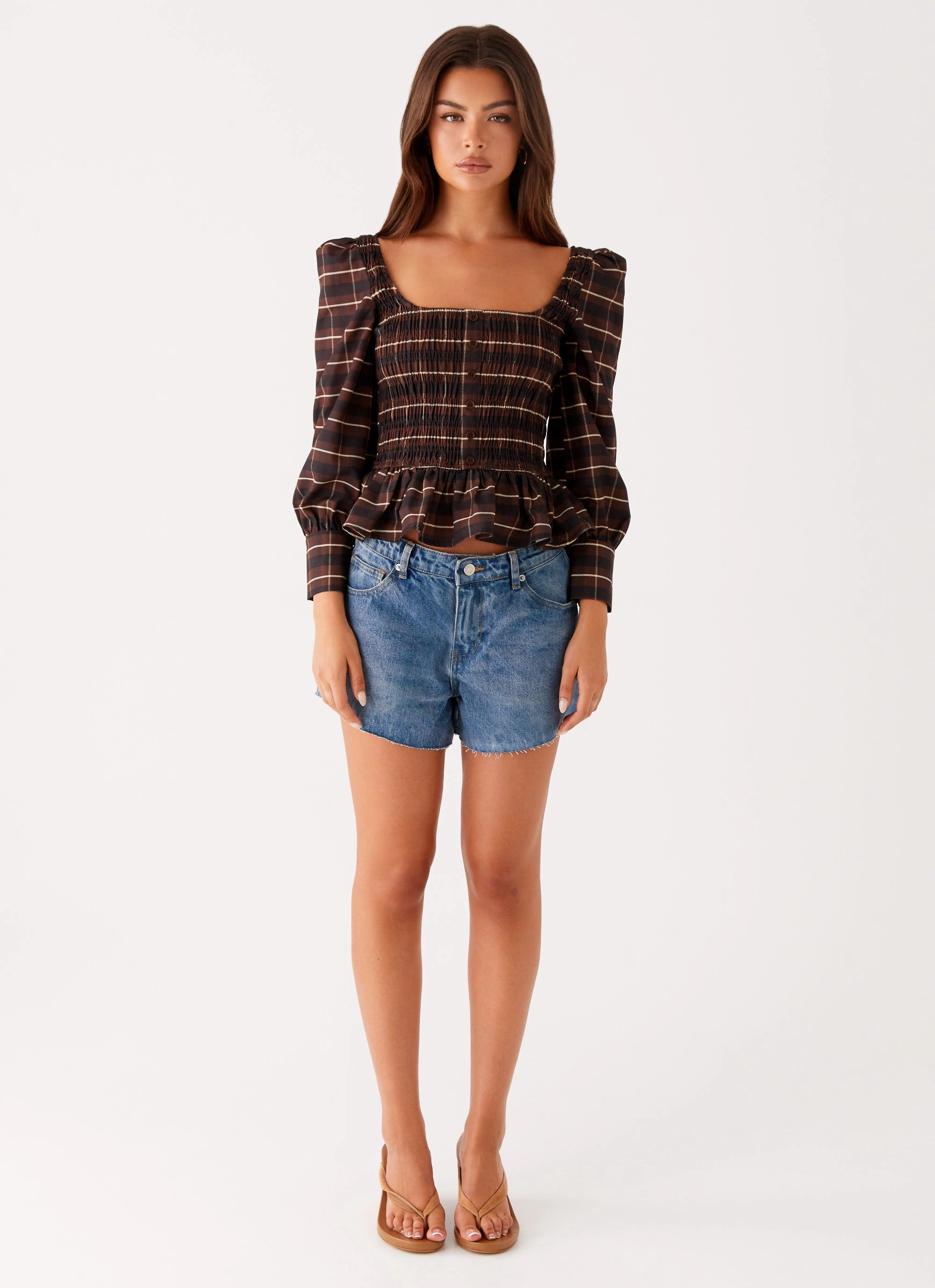 Reflective Accent Trim Joyce Long Sleeve Shirred Top - Chocolate Check