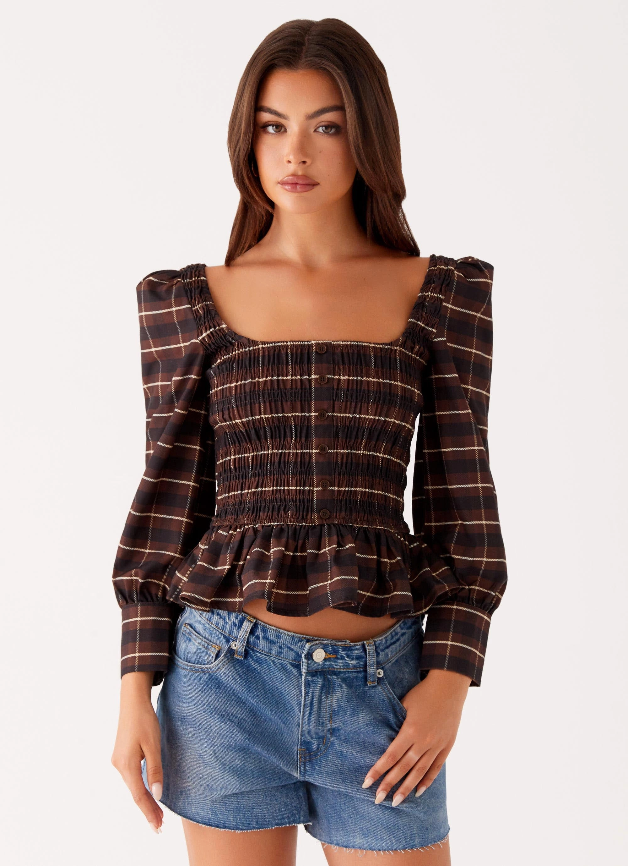Joyce Long Sleeve Shirred Top - Chocolate Check LaserCutVents