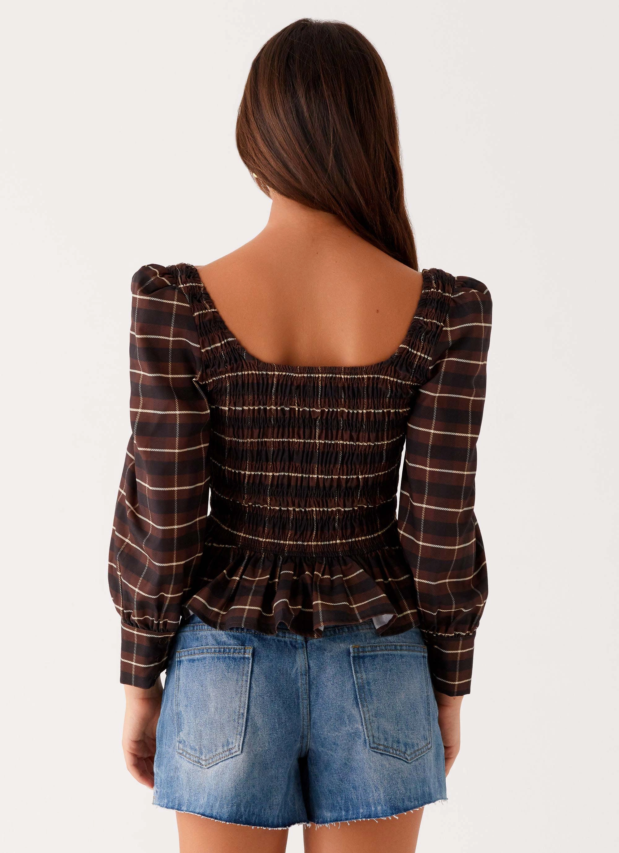 Convertible Collar Joyce Long Sleeve Shirred Top - Chocolate Check