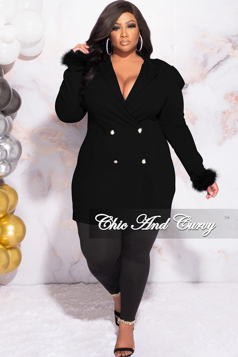 Available Online Only - Final Sale Plus Size Button Blazer Dress with Feather Cuffs in Black Versatile and Stylish