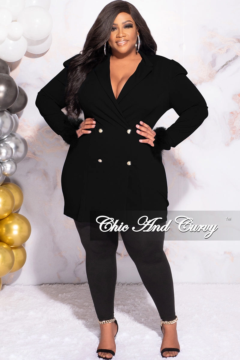 Layered Panel Construction Available Online Only - Final Sale Plus Size Button Blazer Dress with Feather Cuffs in Black