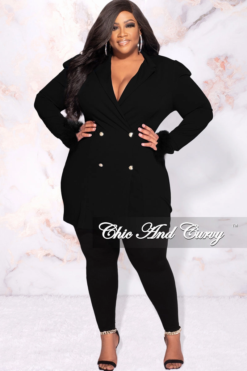Modular Layering System Multi Way Adjustable Fit Available Online Only - Final Sale Plus Size Button Blazer Dress with Feather Cuffs in Black
