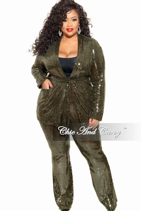 TactileWeave Comfortable Design Final Sale Plus Size Faux Sequin 2-Piece Jacket & High Waist Pants Set in Gold