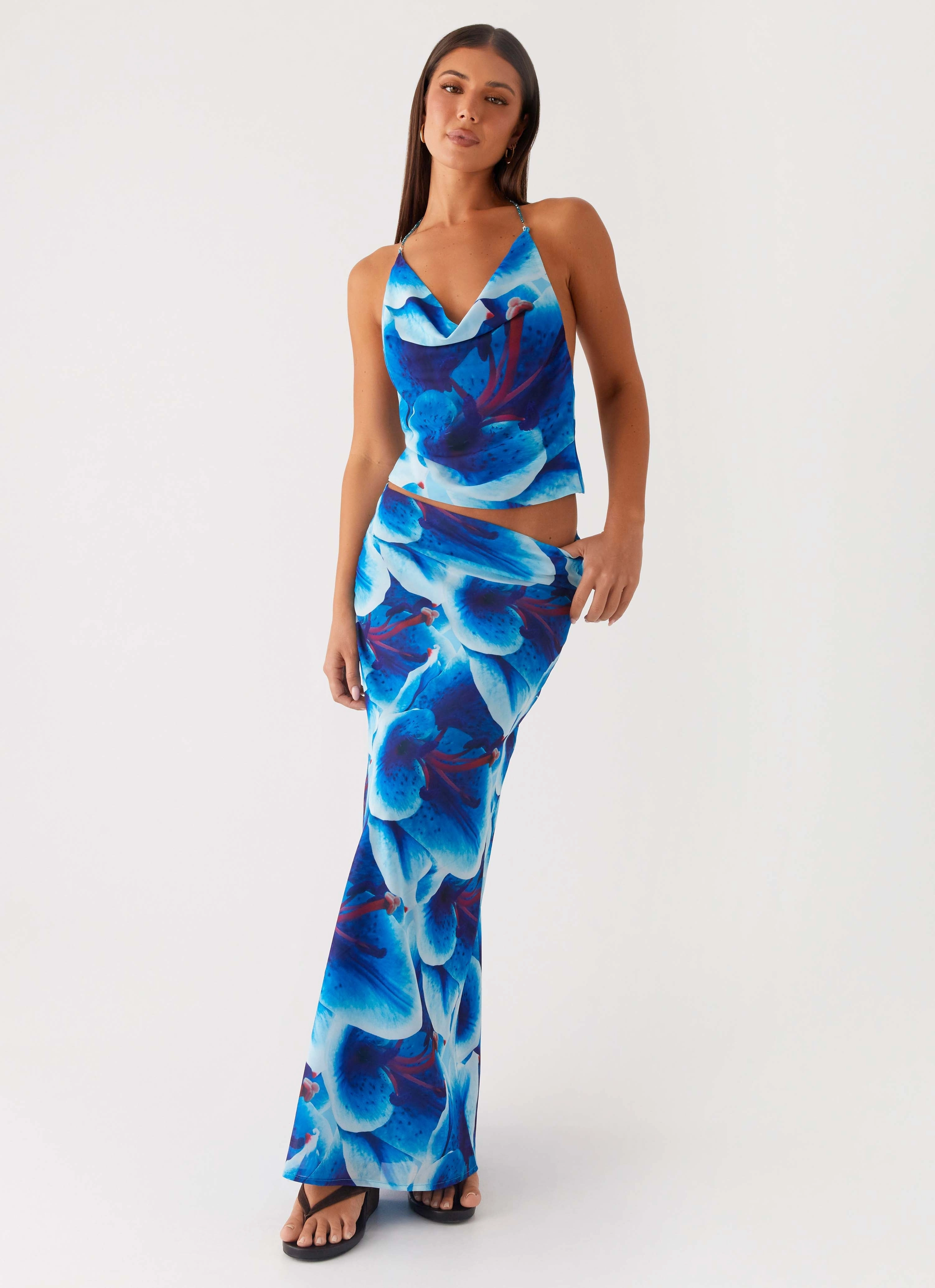 Another Life Chiffon Maxi Skirt - Turquoise Floral Maximalist look