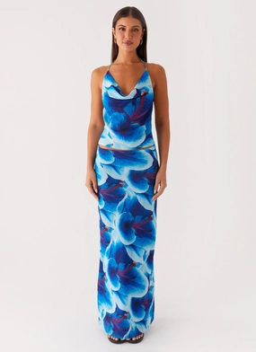 Another Life Chiffon Maxi Skirt - Turquoise Floral Diagonal Slit Crisscross Details