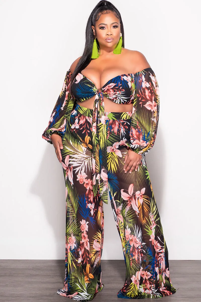 Final Sale Plus Size 2 Piece Mesh Set with Off the Shoulder Top & Pants Tropical Print Urban Fit
