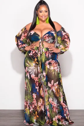 Final Sale Plus Size 2 Piece Mesh Set with Off the Shoulder Top & Pants Tropical Print Essential Wearable Compression Fit