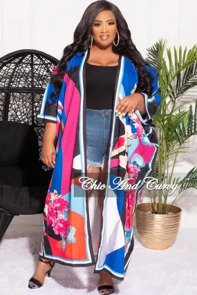 Final Sale Plus Size Caftan in Royal Blue Multi Color Floral Print ElasticWaist Flexible Wear