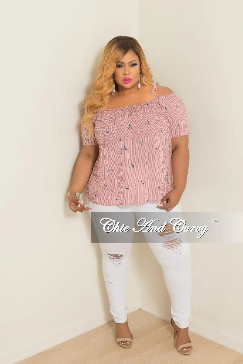 QuickDryTech High Waist Stretch Final Sale Plus Size Hummingbird Stripe Printed Cold Shoulder Top in Red and White