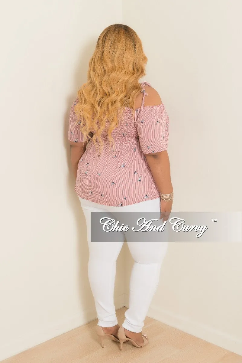 Final Sale Plus Size Hummingbird Stripe Printed Cold Shoulder Top in Red and White ReflectiveAccentDetails Freedom Move