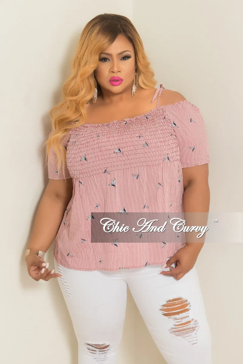 Final Sale Plus Size Hummingbird Stripe Printed Cold Shoulder Top in Red and White High Stretch Fit