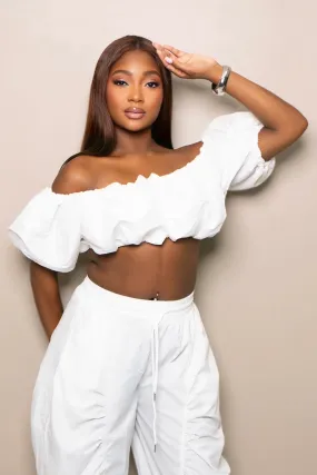 Rachel Ruffle Me Right Off-Shoulder Crop Top Breathable Tank ColorfastMaterial