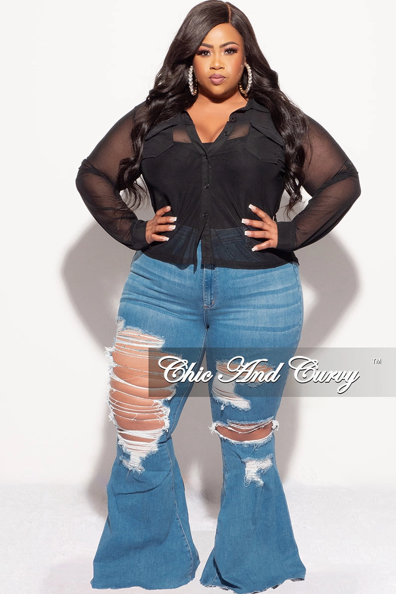 Abrasion Resistant Surface Final Sale Plus Size Sheer Mesh Collar Button Up Top in Black