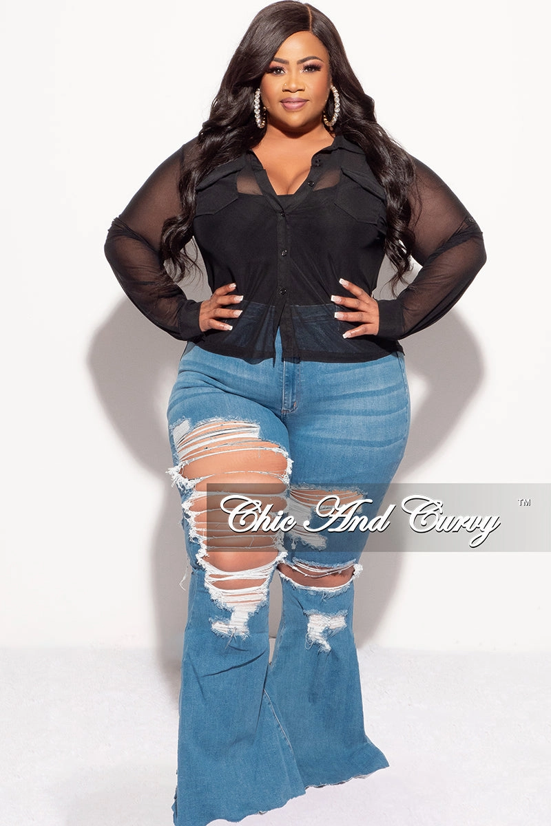 Final Sale Plus Size Sheer Mesh Collar Button Up Top in Black Ultra Soft Inner Layer
