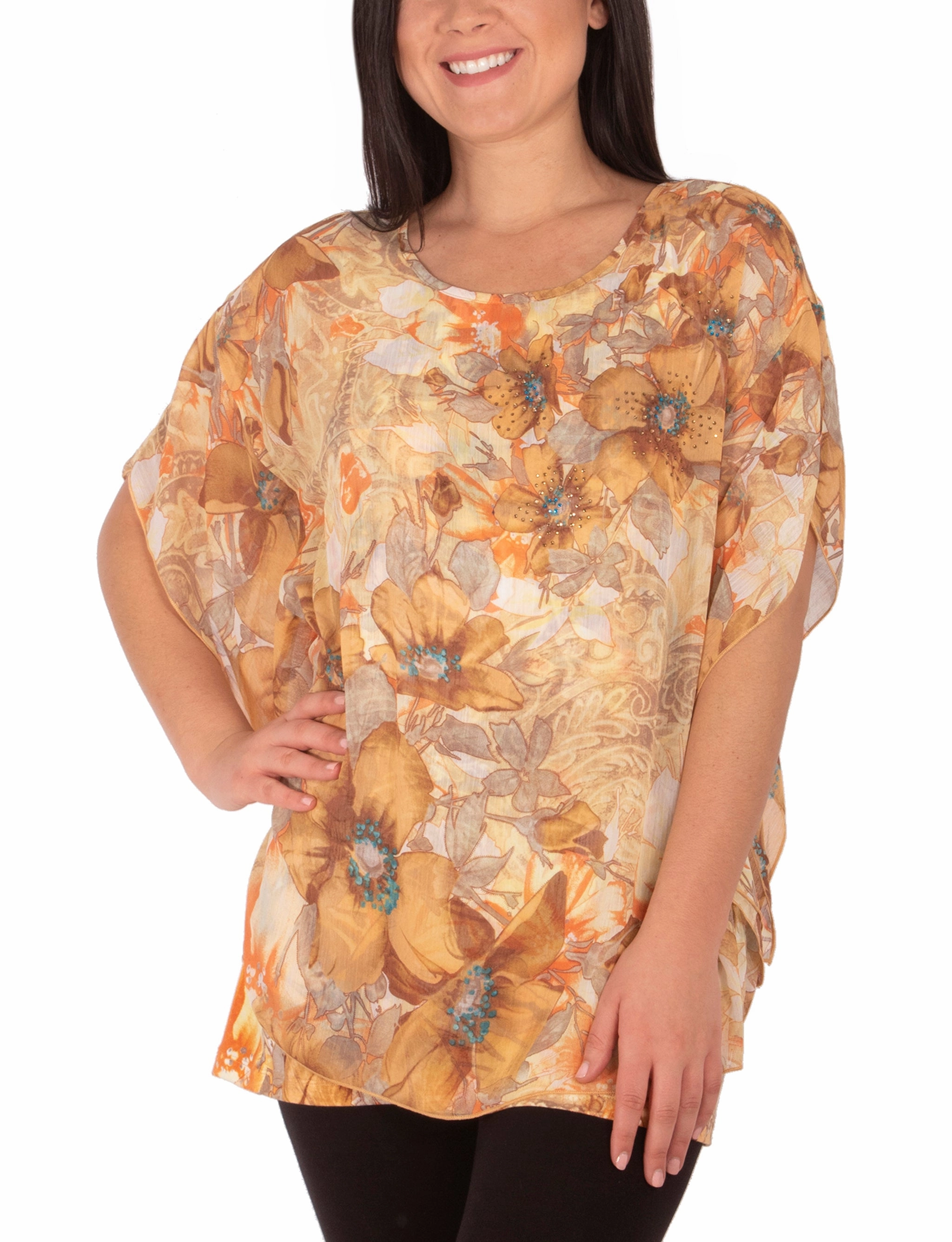 Scoop Neck Poncho With Rhinestones SecurePockets