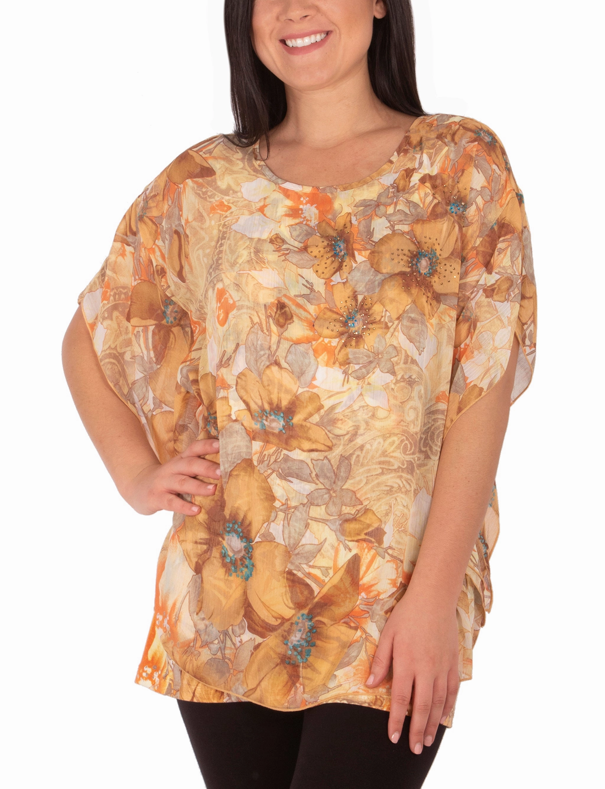 Scoop Neck Poncho With Rhinestones BreathableFabric Bamboo Fiber Fabric