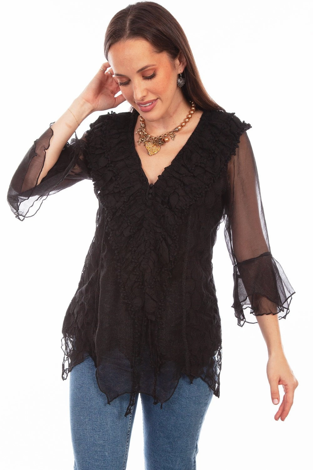 Mesh Insert Scully Womens Black Cotton Blend Double Ruffle S/S Blouse