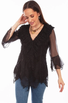 Fast Drying Weekend Casual Scully Womens Black Cotton Blend Double Ruffle S/S Blouse