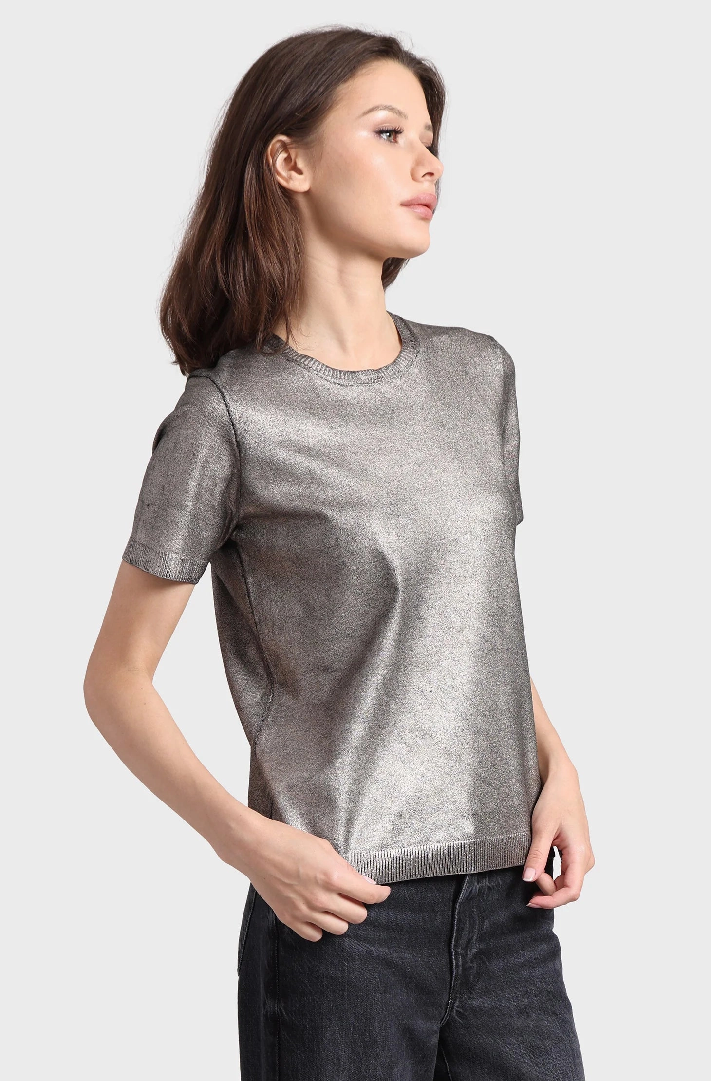 Contrast Topstitching Detail Minnie Rose Metallic Short Sleeve Crew Shirt